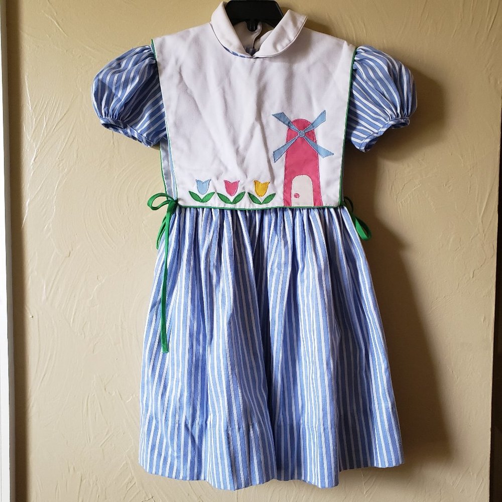 Vintage Jayne Copeland Dutch Windmill Pinafore Dress Blue Stripe Size 6X